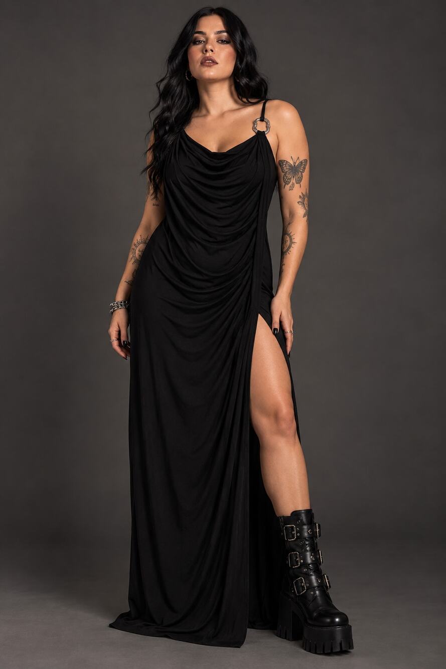 NWT Dolls Kill Current Mood Black Draped Maxi Dress L Witchy Vamp Goth Spooky